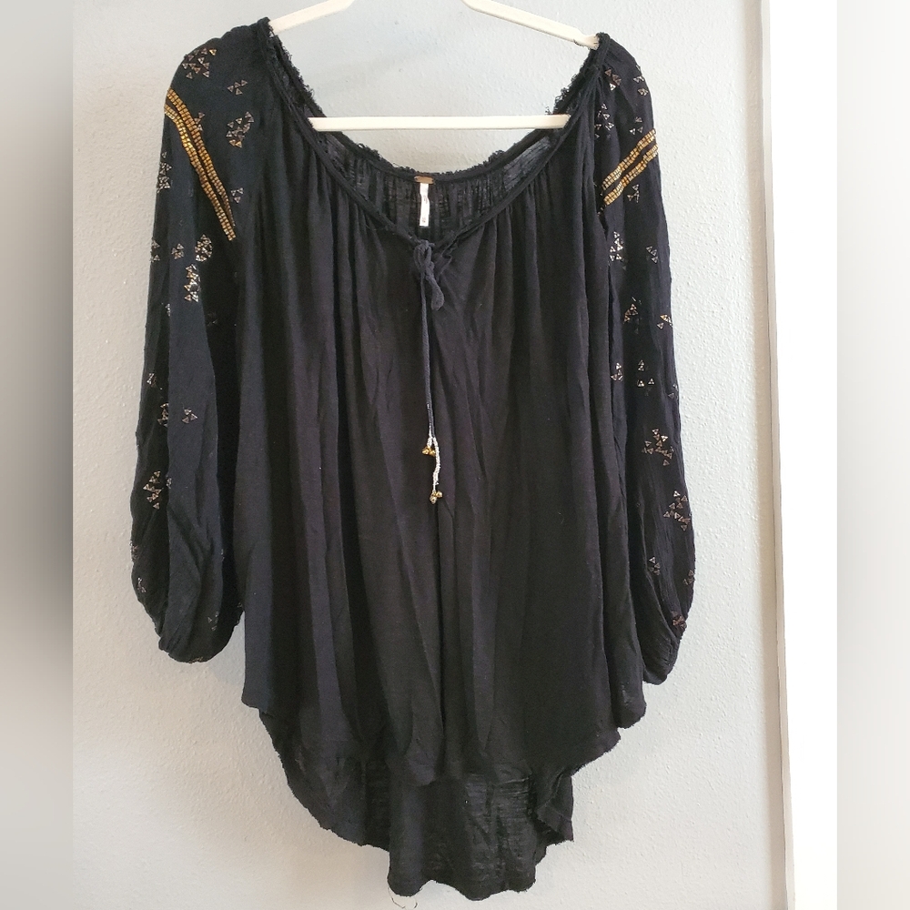 Free People Black Embellished Blouse, XS